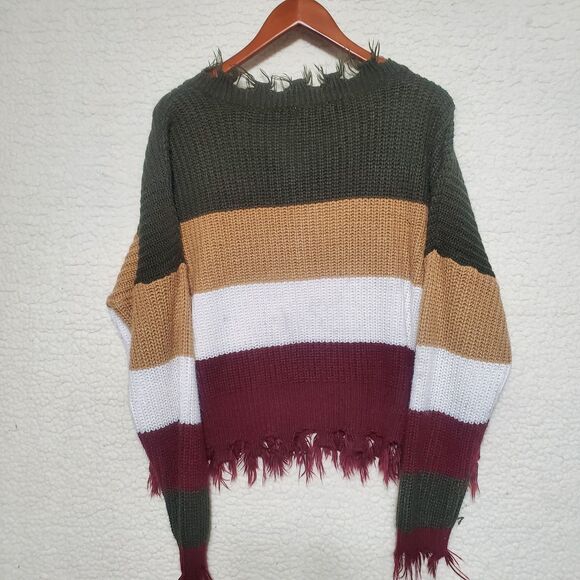 Cute Slouchy Fringed Green Camel White and Maroon Long Sleeved Sweater Size 3X - Picture 2 of 15